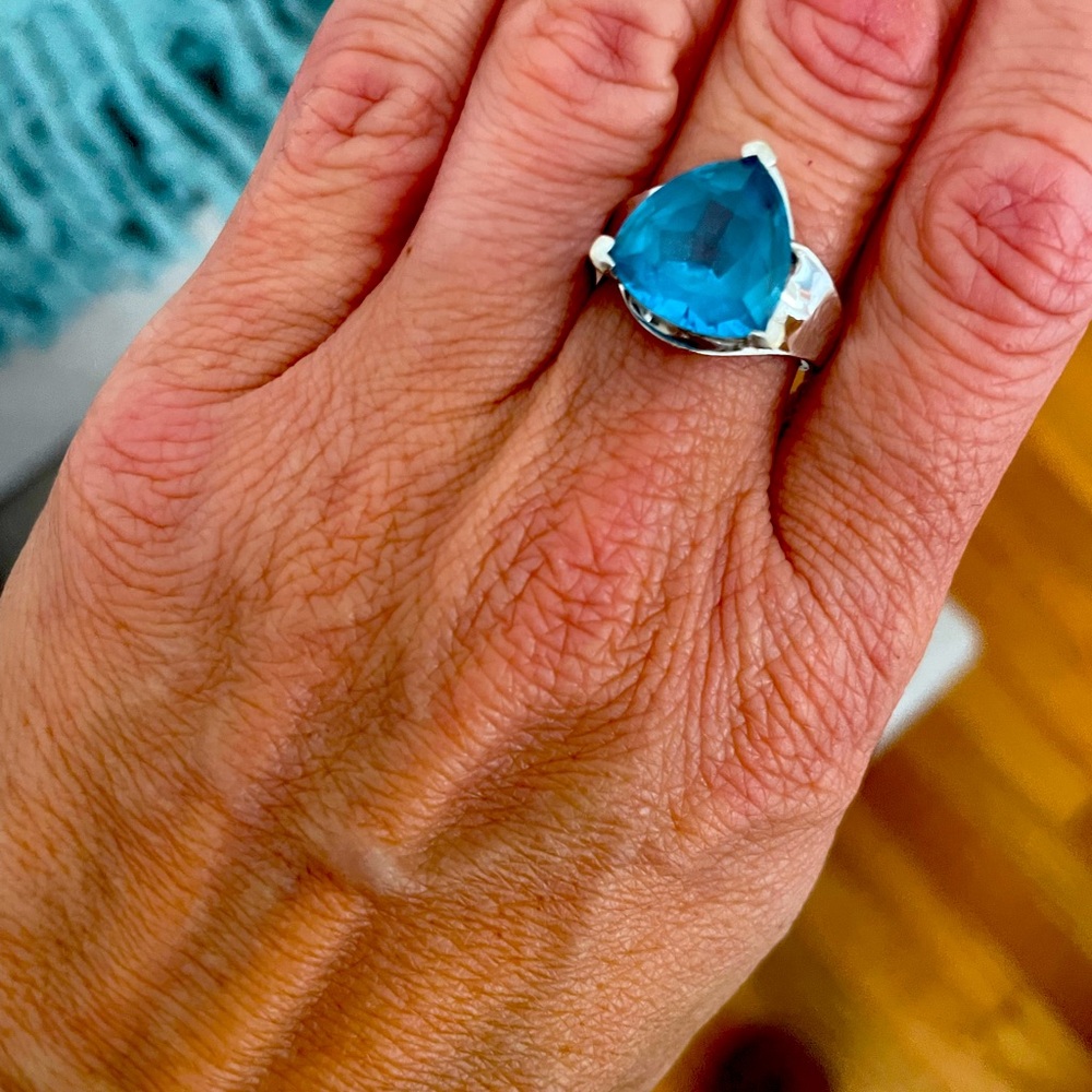 Custom- LARGE Blue topaz stone, sterling silver band, size 7.